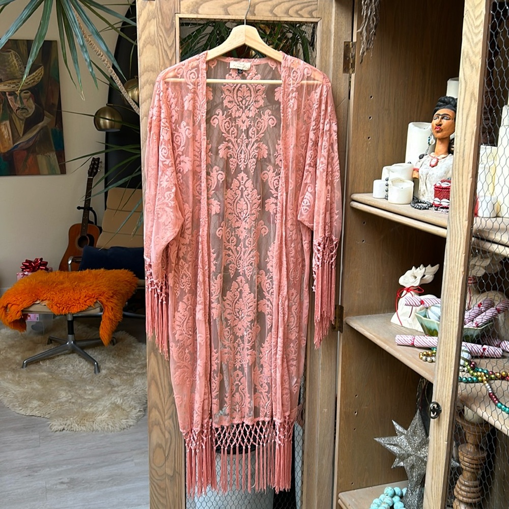 Trend Responsibly Bohemian Pink Lace Cover Up Kimono with Fringe